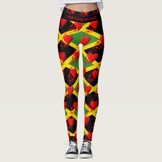 LIEBE JAMAICA Flag Red Hearts führen Ihre RACE Cus Leggings (Vorderseite)