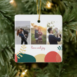 Liebe Jothree Foto Family Weihnachten Keramikornament<br><div class="desc">Weihnachtsbaumschmuck in einem Drei-Foto-Design "Liebe und Freude". Anpassen mit Ihren drei Fotos (horizontale Arbeit am besten oder horizontale Ausrichtung vor dem Hochladen). Die Rückseite der Weihnachtsschmuck kann mit Ihren Urlaubsstipps und -namen angepasst werden.</div>