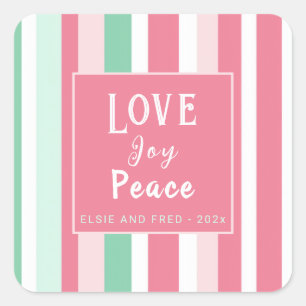 "Liebe Joy Peace" Pink Mint Stripes Quadratischer Aufkleber