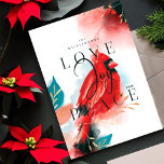 Liebe Joy & Peace Red Kardinal Wasserfarbe Weiß Feiertagskarte<br><div class="desc">Unsere Weihnachtskarte im Kardinal verkörpert Wärme, Leben und Energie, die von der Natur inspiriert werden. Ausdrückliche Pinsel- und Stiftöne werden mit unserem künstlerisch stilisierten Vogelkunstwerk Roter Kardinal kombiniert. Das Gefühl der Liebe, der Freude und des Friedens hervorheben. Die Farben Rot, Rot, Schwarz, Schwarz, Schwarz, Saphirblau und Dunkelgolden sind in einem...</div>