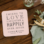 Liebe jubeln glücklich je nach Hochzeit Rechteckiger Pappuntersetzer<br><div class="desc">Geben Sie Ihren Hochzeitsgästen,  Brautpartys und Trauzeugen ein lustiges und individuelles Souvenir für Ihren besonderen Tag. Dieser in Rosa rot gehaltene Untersetzer-Gefallen bietet "Cheers to Liebe Laughter & Happily Ever After Party" in einer Mischung aus modernen und eleganten Schriften,  Ihren Vornamen und Ihrem Hochzeitstag.</div>