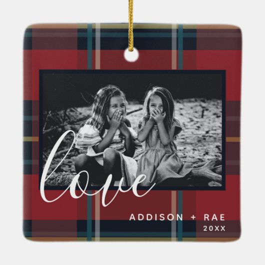 Liebe Kariert Holiday Custom Foto Red Keramikornament (Rückseite)