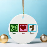Liebe Keramik Ornament<br><div class="desc">Ein Friedensschild,  ein Herz und ein schönes Pferd laufen. Der perfekte Weihnachtsschmuck für Reiter. Personalisieren Sie dieses Geschenk mit Ihrem eigenen Text auf der Rückseite.</div>