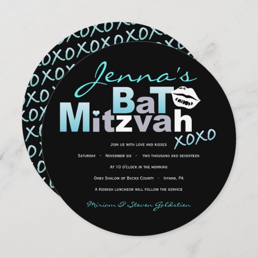 LIEBE & KISSES Türkis Bat Mitzvah Einladung (Vorne/Hinten)