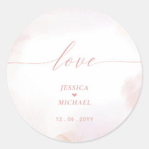 Liebe Korallenrosa Herz & Aquarell-Hochzeitsgesc Runder Aufkleber