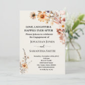 Liebe Lachen Glückliche Verlobung Fall Wildblumen Einladung (Stehend Vorderseite)