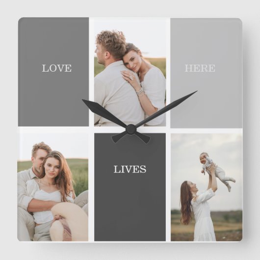 Liebe lebt hier | Drei-Foto-Familiengeschenk Quadratische Wanduhr (Vorderseite)