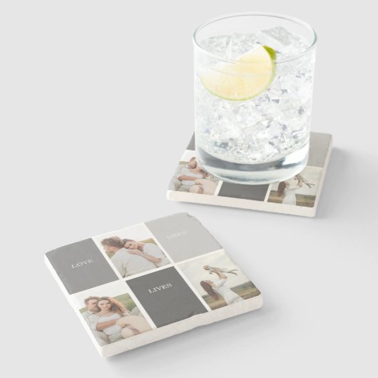 Liebe lebt hier | Drei-Foto-Familiengeschenk Steinuntersetzer (Seitenansicht)