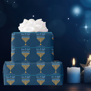 Liebe & Light Blue Gold Menorah Hanukkah Party Geschenkpapier