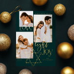 Liebe Light Joy Star David Hanukkah 3 Foto Collage Folien Feiertagskarte<br><div class="desc">Elegante Hanukkah drei Foto Collage Karte mit einem eleganten Typografie-Design "Liebe Joy Light" in Gold. Die glühenden goldenen Sterne schaffen den Stern von David. Kunstwerk von Moodthology Papery.</div>