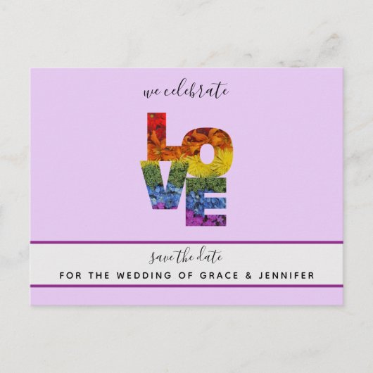 LIEBE Lila Themed Same Wedding Save the Date Postkarte (Vorderseite)