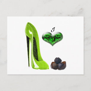 Liebe Lime Green Stiletto Shoe and Chocolates Art Postkarte