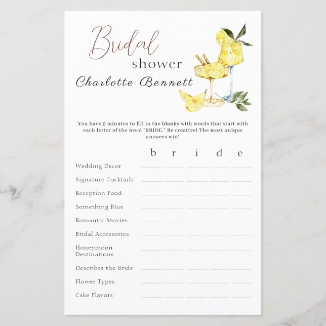 Liebe Limoncello Cocktail Brautparty Spiel (Vorderseite)