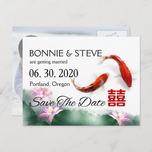 Liebe | Lotus Koi Double XI Save the Date Ankündigungspostkarte (Vorne/Hinten)