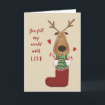 Liebe Lover Ehepartner Weihnachtsgrüße Feiertagskarte<br><div class="desc">Oh,  was für ein Spaß...  sie füllen Ihre Welt mit Liebe. Rote Herzen um ein romantisches Rentier,  das in einem Strumpf mit ein paar Bonbons gefüllt ist. Was für ein kleine Geschenk! Weitere Weihnachtskarten finden Sie hier bei Zigglets bei Zazzle.</div>