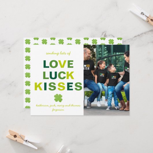 Liebe Luck Kisses Custom Foto Kleeblatt St Patrick Karte (Vorderseite/Rückseite Beispiel)