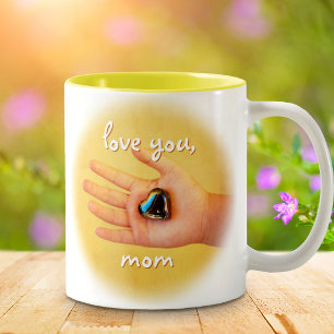 Liebe Mama Kind hält blaues Herz Foto Zweifarbige Tasse