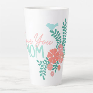 Liebe Mama Text rosa Blumen und blaue Vögel Milchtasse