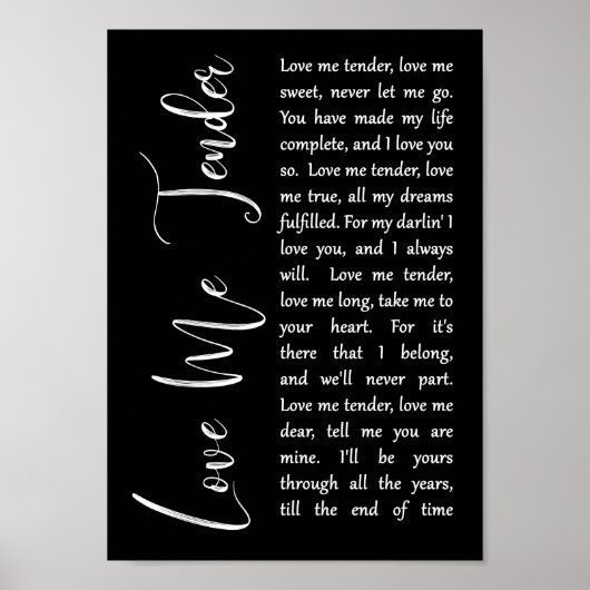 Liebe Me Tender Black Script Song Lyric Print Poster (Vorne)