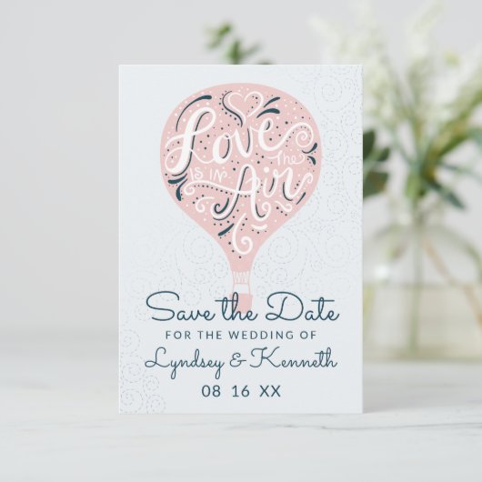 Liebe mit Handschrift Light Pink Hot Air Ballon Save The Date (Stehend Vorderseite)
