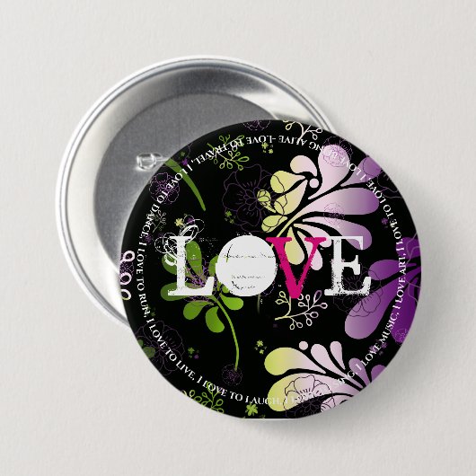 Liebe mit lustigen Texten auf blumengeschmücktem H Button (Vorne & Hinten)