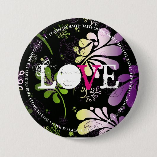 Liebe mit lustigen Texten auf blumengeschmücktem H Button (Vorderseite)