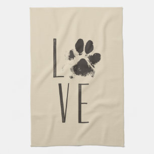 Liebe mit Pet Paw Print Brown Grunge Typografie Geschirrtuch