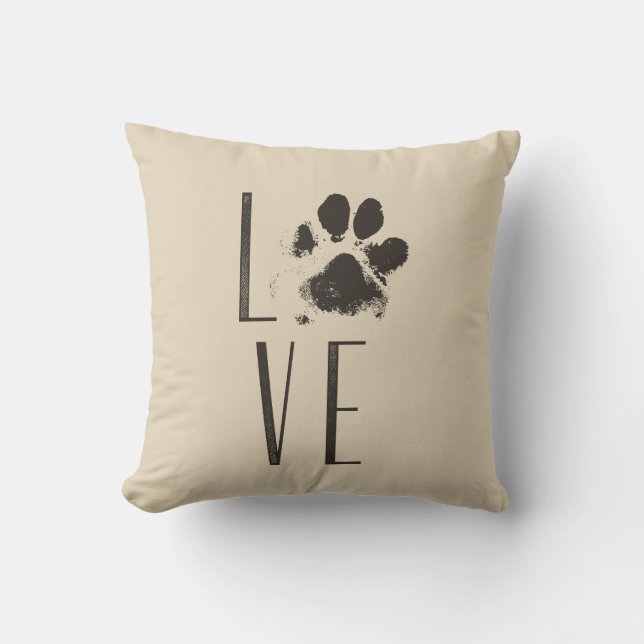 Liebe mit Pet Paw Print Brown Grunge Typografie Kissen (Vorderseite)