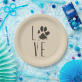 Liebe mit Pet Paw Print Brown Grunge Typografie Pappteller (Party)