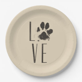 Liebe mit Pet Paw Print Brown Grunge Typografie Pappteller