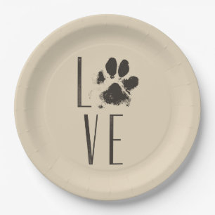 Liebe mit Pet Paw Print Brown Grunge Typografie Pappteller