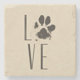 Liebe mit Pet Paw Print Brown Grunge Typografie Steinuntersetzer