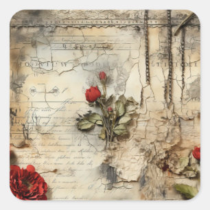 Liebe mit Vintagen Dokumenten mit Blume (10) Quadratischer Aufkleber