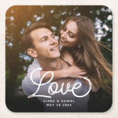 LIEBE Moderne Kalligrafie Einfaches Foto Hochzeits Rechteckiger Pappuntersetzer (Vorderseite)