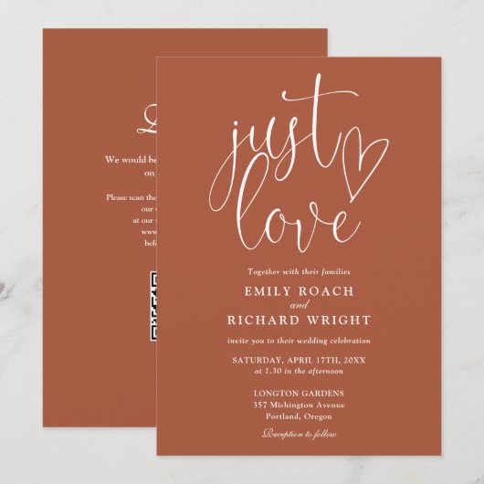 Liebe Moderner QR Code Terracotta Wedding Einladung (Vorne/Hinten)