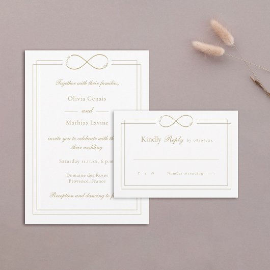 Liebe Mongram Gold Borders White Wedding RSVP Karte