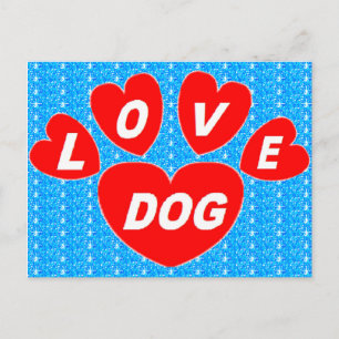 Liebe nach der Karte Hund rotes Herz auf hellblau