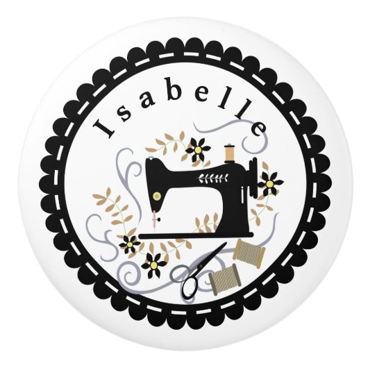 Liebe Nähmaschine weiß Schwarz Keramikknauf (Vorderseite)