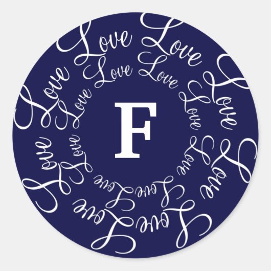 Liebe Navy Blue White Monogram F-Customize Runder Aufkleber (Vorderseite)