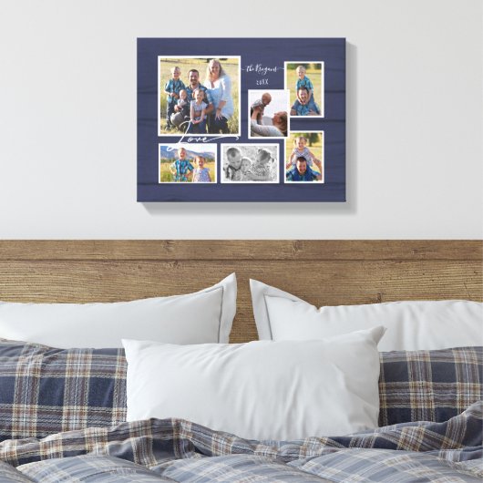 Liebe Navy Wood 6 Collage Script Leinwanddruck (Insitu (Schlafzimmer))