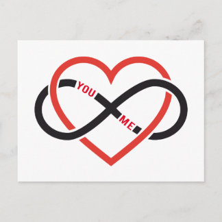 Liebe nie beenden, rotes Herz mit unendlichem Zeic Postkarte