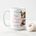 Liebe Oma Fotomaterial Collage Personalisiert Kaffeetasse<br><div class="desc">Foto Collage von 6 auf einem rosa, motbelten Hintergrund mit Blume und Schmetterling Details. Die Formulierung "One love Oma" kann als Anzug Ihrer Bedürfnisse geändert werden. Neben den Namen der Kinder an der Seite. Fügen Sie Ihr eigenes Foto ein und machen Sie es einzigartig. Die Fotos in diesem Design sind...</div>