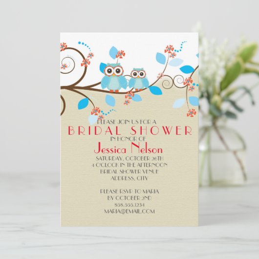 Liebe Owl Branches Wood Damask Brautparty Einladung (Stehend Vorderseite)