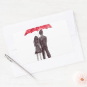 Liebe-Paar mit rotem Schirm. Rechteckiger Aufkleber (Umschlag)