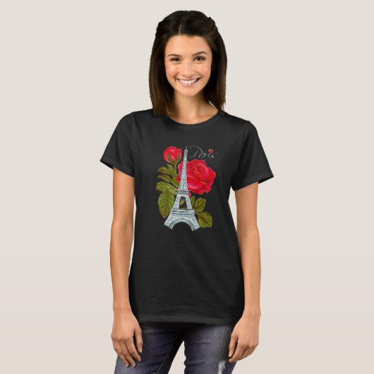 Liebe Paris Eiffelturm mit Rose Französische Liebe T-Shirt (Vorne ganz)