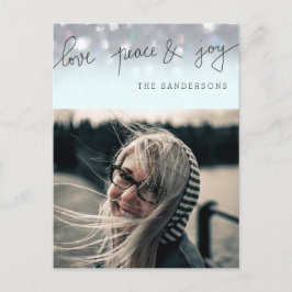 Liebe Peace and Joy Bokeh Script Modernes Foto Feiertagspostkarte