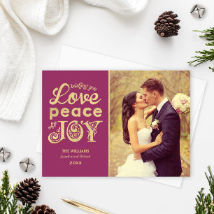 Liebe Peace and Joy Burgundy Gold Wedding Foto Feiertagskarte
