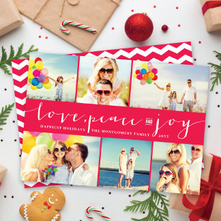 Liebe Peace Joy Fuchsia Band Modern Foto Collage Feiertagskarte