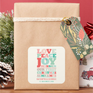 Liebe Peace Joy Kisses Color Typografie Weihnachte Quadratischer Aufkleber