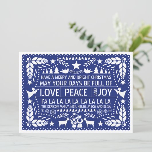 Liebe Peace, Joy Papel picado, blauer Weihnachten (Stehend Vorderseite)
